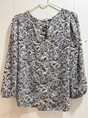 Collective Concepts Cream Paisley Tie-Neck Blouse with Blue & Red Accents
